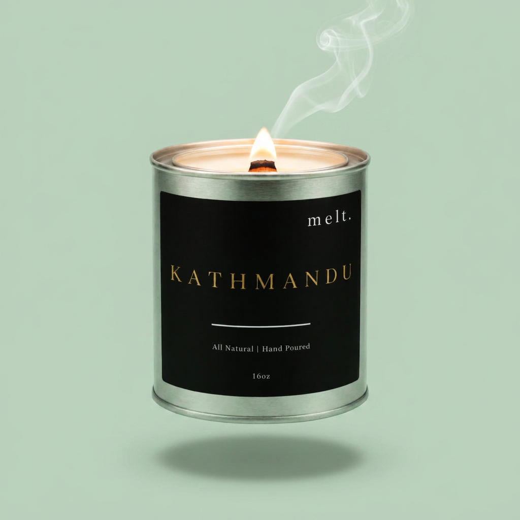 melt. kathmandu candle floating with lit wooden wick and a wisp of smoke on a pale mint green background