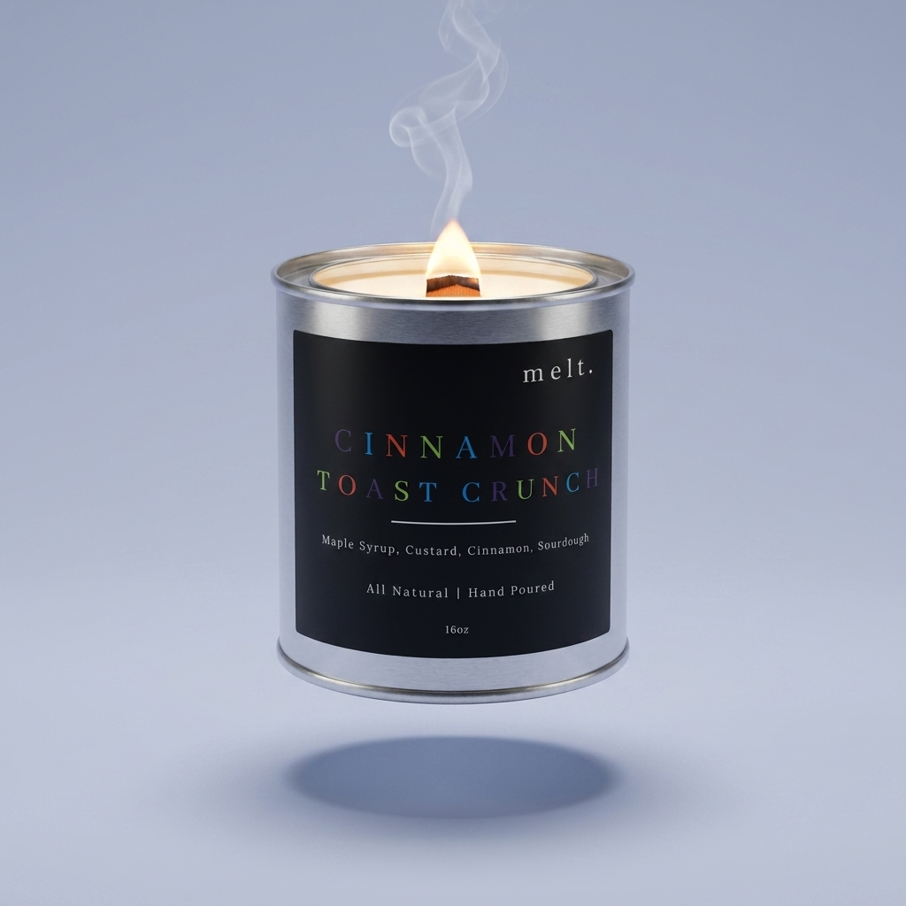 melt. cinnamon toast crunch candle floating with lit wooden wick and a wisp of smoke on a pale periwinkle blue-gray background