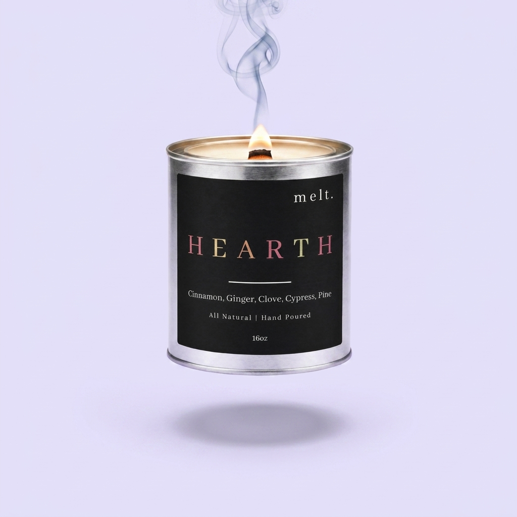 melt. hearth candle floating with lit wooden wick and a wisp of smoke on a pale lavender background