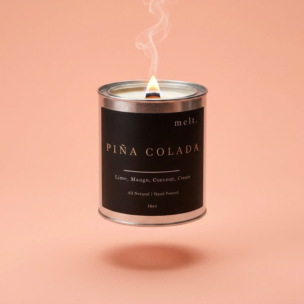 melt. pina colada candle floating with lit wooden wick and a wisp of smoke on a pale peach coral background
