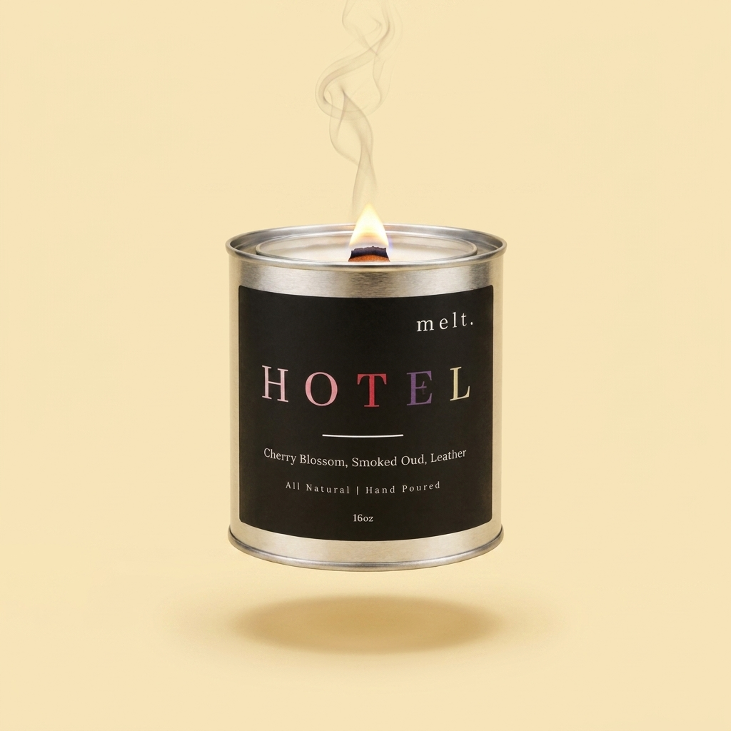 melt. hotel candle floating with lit wooden wick and a wisp of smoke on a pale butter yellow background