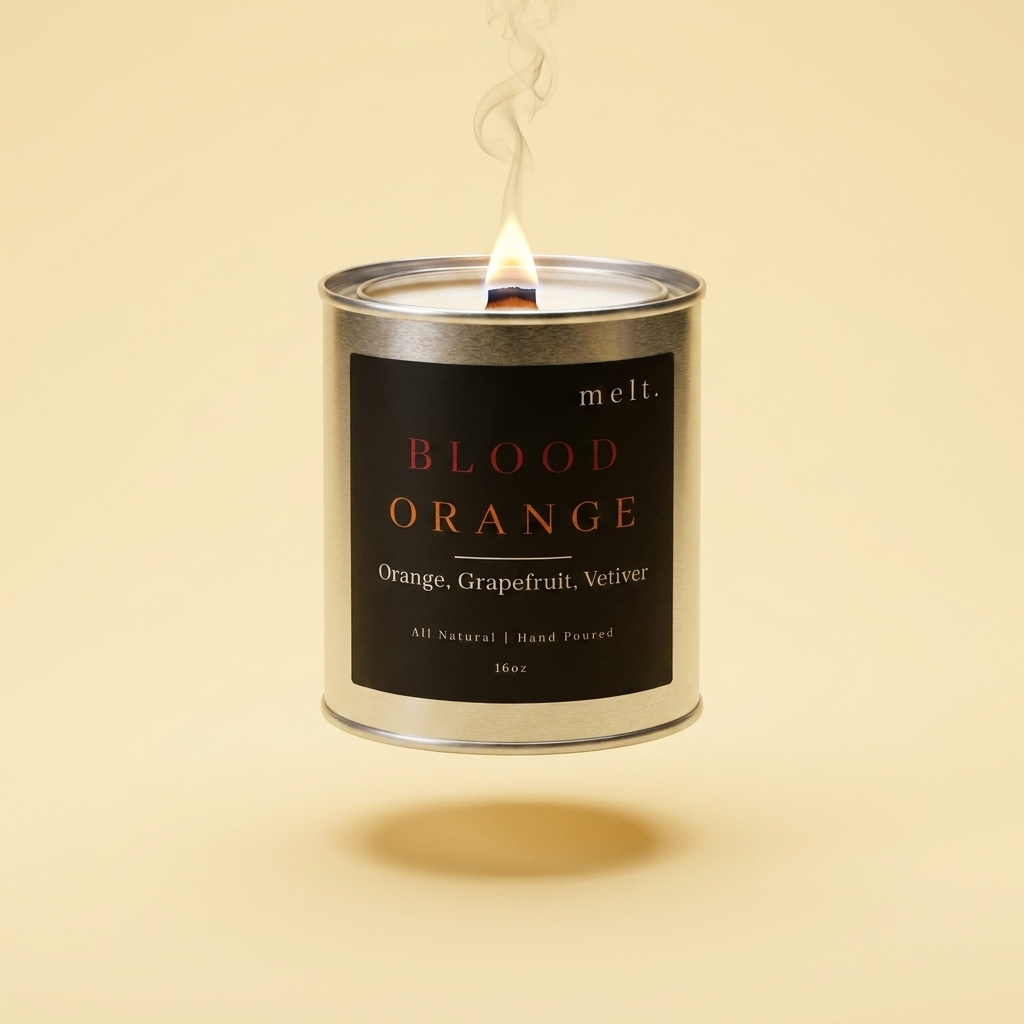 melt. blood orange candle floating with lit wooden wick and a wisp of smoke on a pale butter yellow background