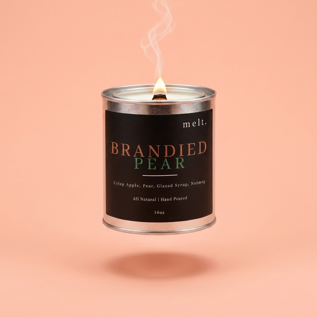 melt. brandied pear candle floating with lit wooden wick and a wisp of smoke on a pale peach coral background