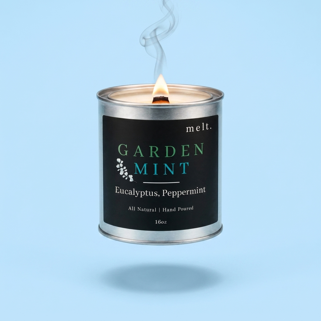 melt. garden mint candle floating with lit wooden wick and a wisp of smoke on a pastel sky blue background