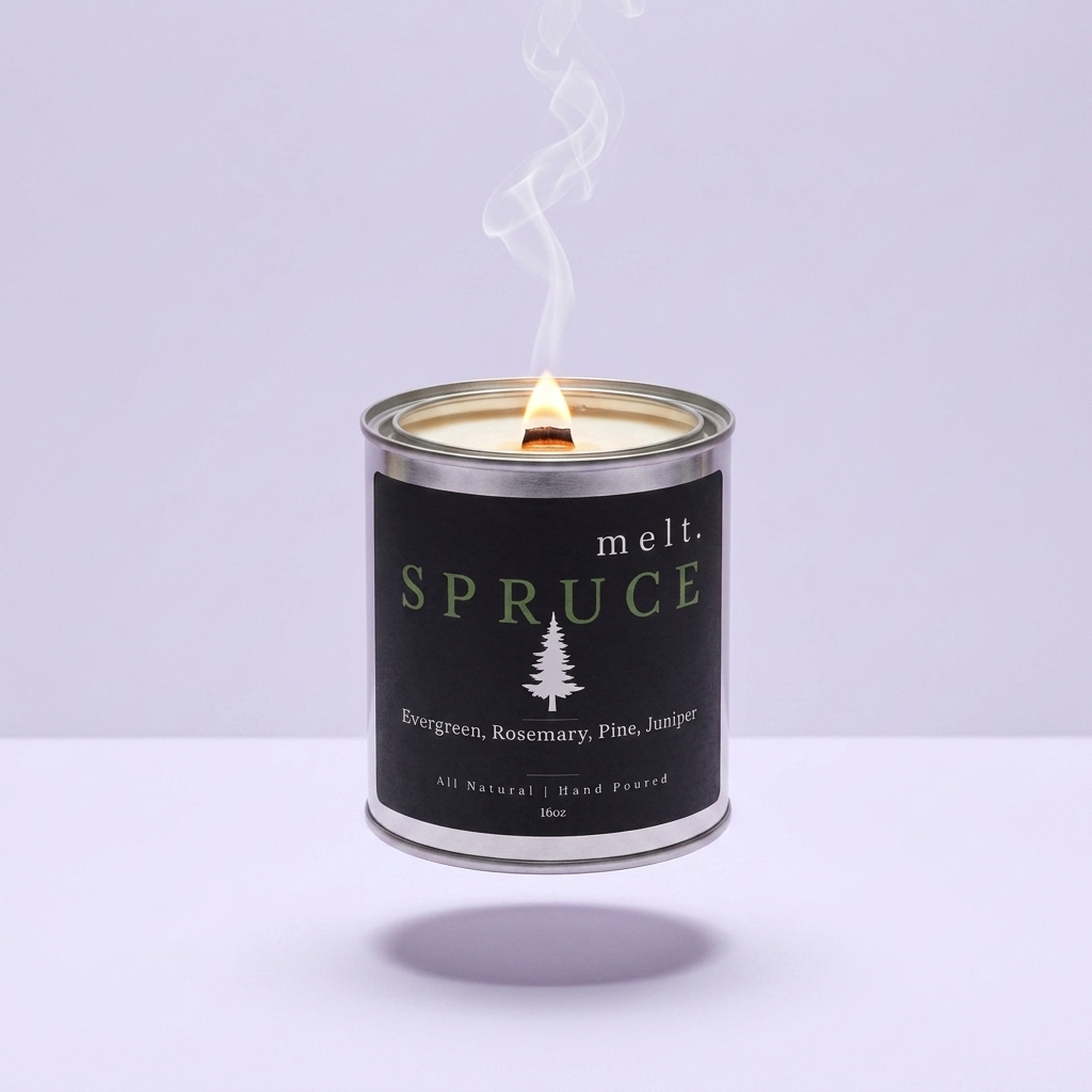 melt. spruce candle floating with lit wooden wick and a wisp of smoke on a pale lavender background