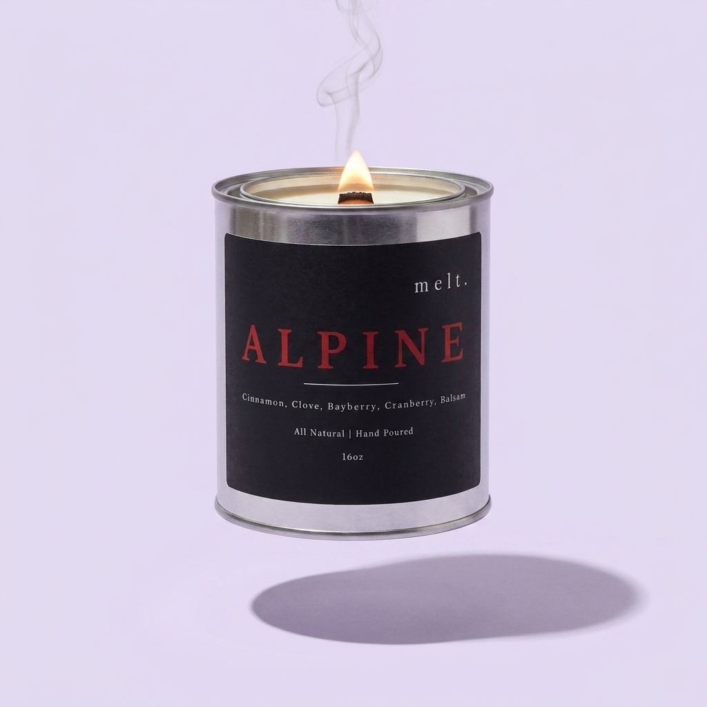 melt. alpine candle floating with lit wooden wick and a wisp of smoke on a pale lavender background