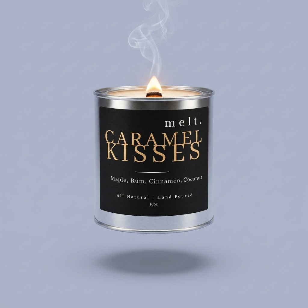 melt. caramel kisses candle floating with lit wooden wick and a wisp of smoke on a pale periwinkle blue-gray background
