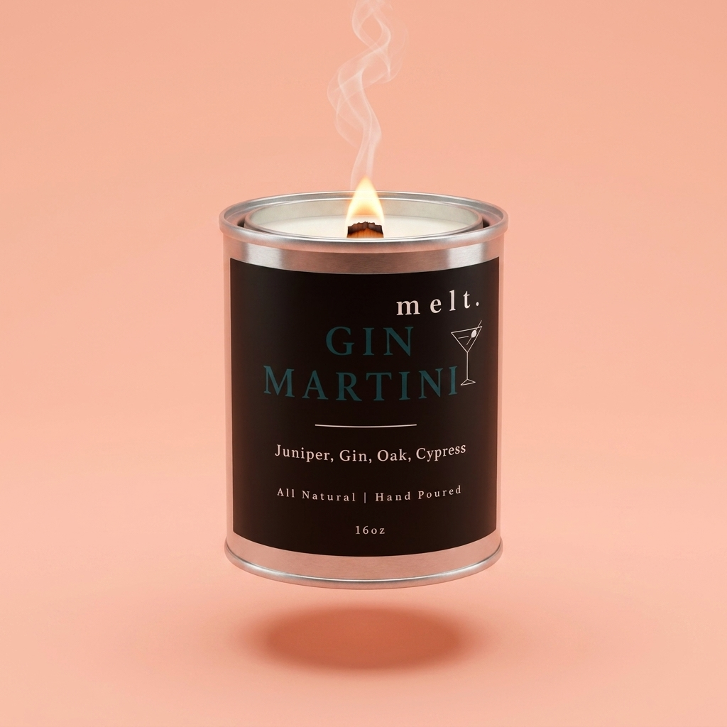 melt. gin martini candle floating with lit wooden wick and a wisp of smoke on a pale peach coral background