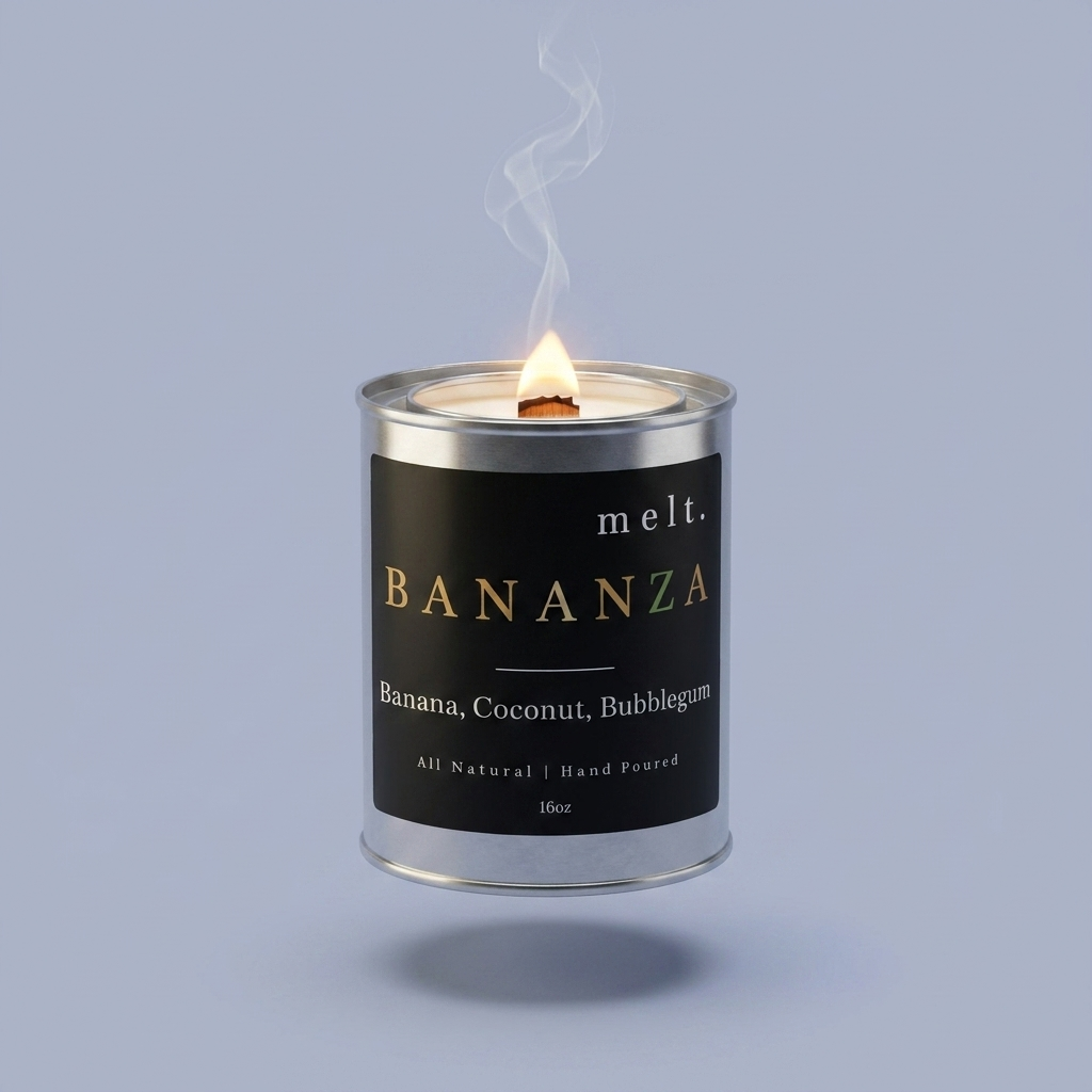 melt. bananza candle floating with lit wooden wick and a wisp of smoke on a pale periwinkle blue-gray background