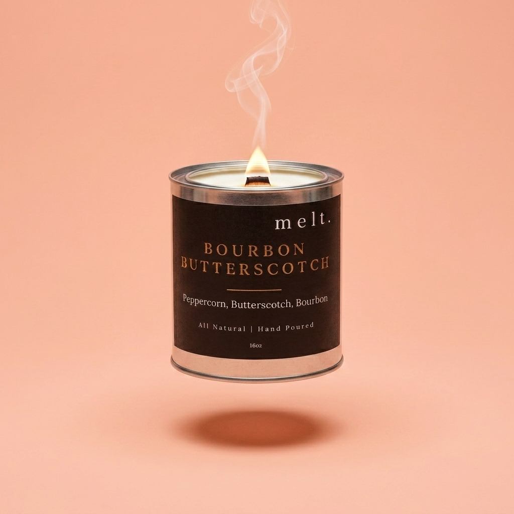 melt. bourbon butterscotch candle floating with lit wooden wick and a wisp of smoke on a pale peach coral background