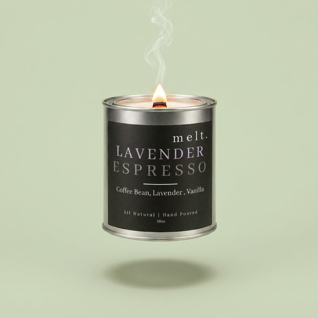melt. lavender espresso candle floating with lit wooden wick and a wisp of smoke on a pale sage green background