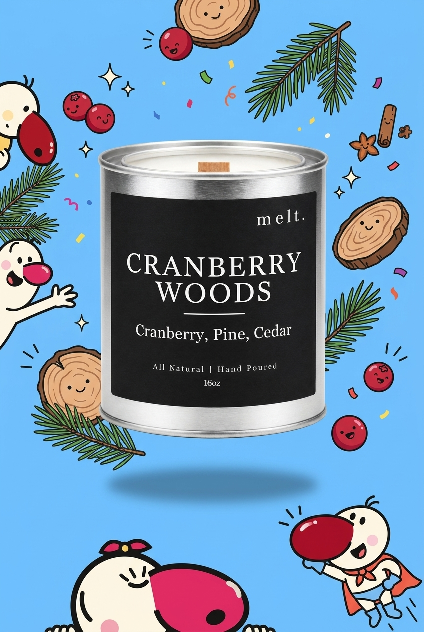 melt. cranberry woods candle with cartoon sniffer mascots and floating scent ingredients on a bright background