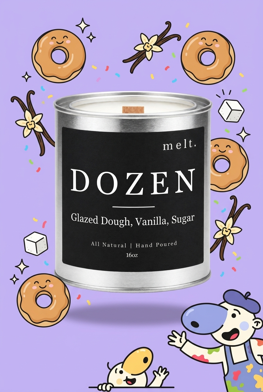 melt. dozen candle with cartoon sniffer mascots and floating scent ingredients on a bright background