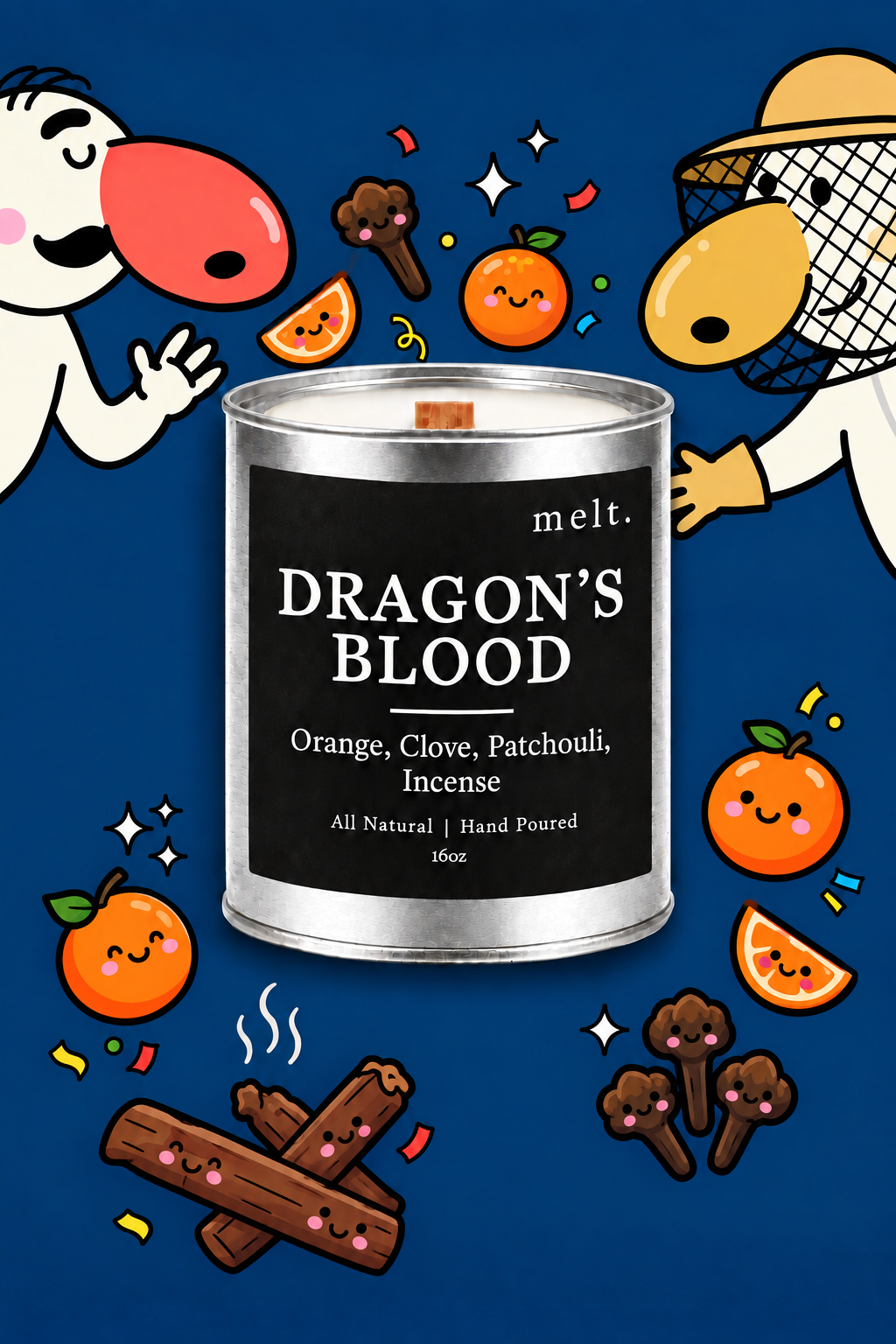 melt. dragon's blood candle with cartoon sniffer mascots and floating scent ingredients on a bright background