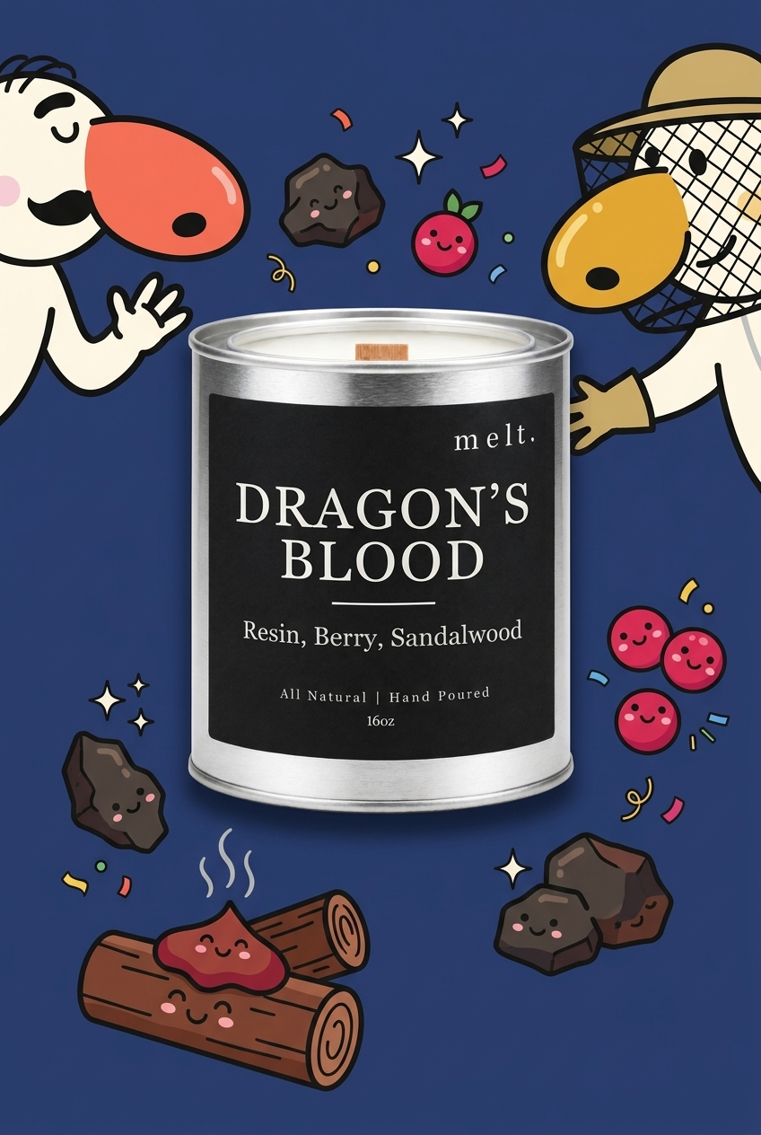 melt. dragon's blood candle with cartoon sniffer mascots and floating scent ingredients on a bright background