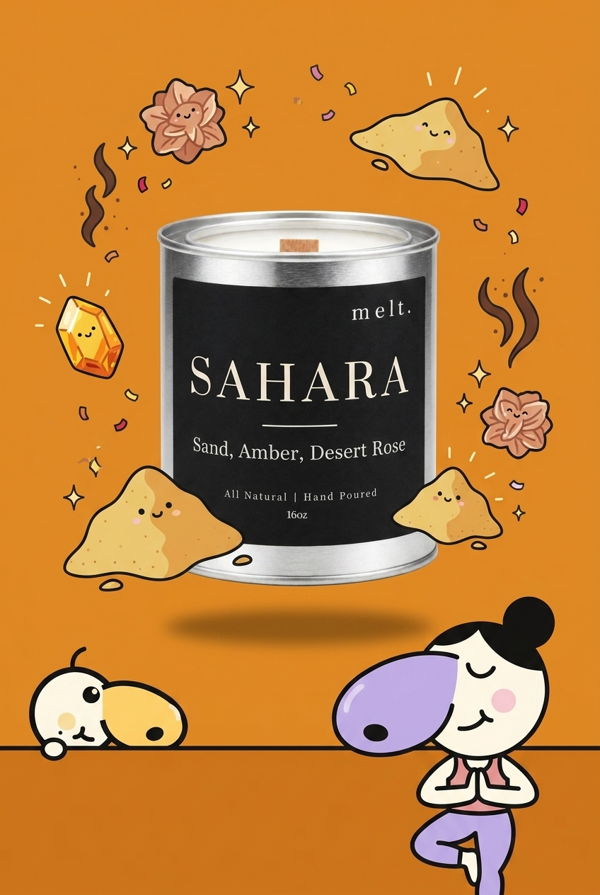 melt. sahara candle with cartoon sniffer mascots and floating scent ingredients on a bright background