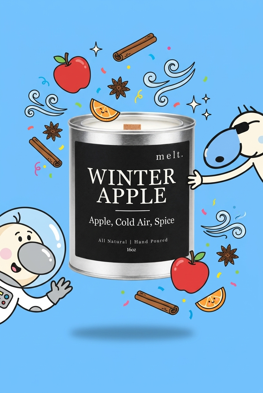 melt. winter apple candle with cartoon sniffer mascots and floating scent ingredients on a bright background