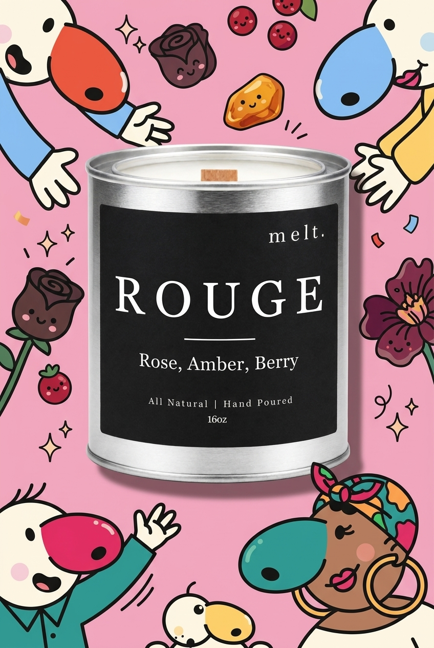melt. rouge candle with cartoon sniffer mascots and floating scent ingredients on a bright background