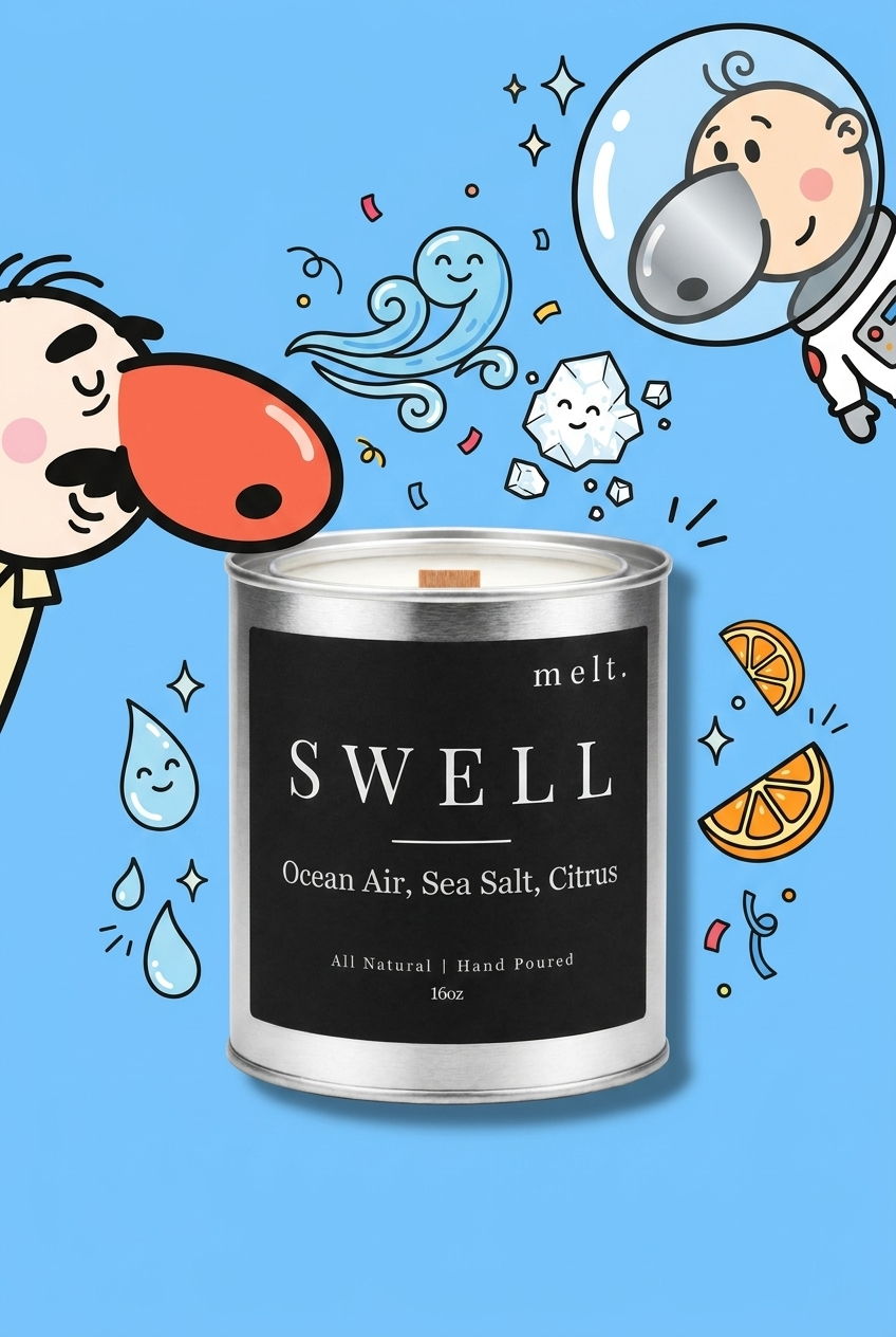 melt. swell candle with cartoon sniffer mascots and floating scent ingredients on a bright background