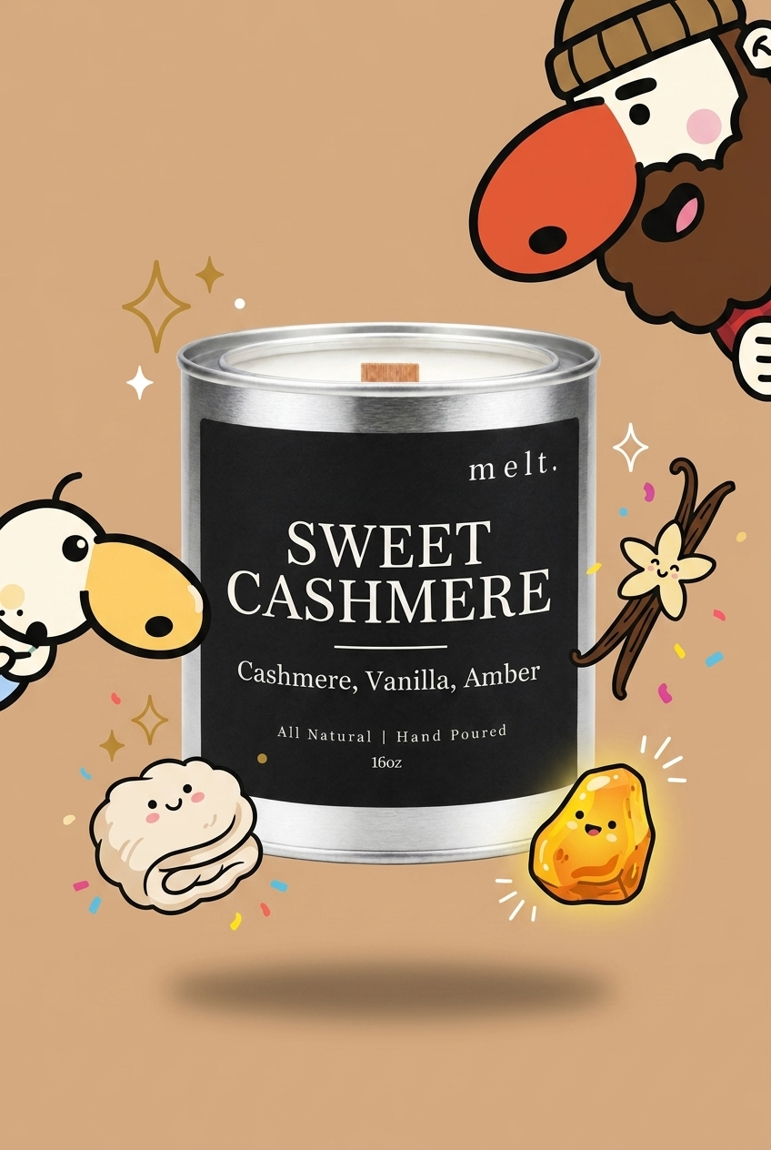melt. sweet cashmere candle with cartoon sniffer mascots and floating scent ingredients on a bright background
