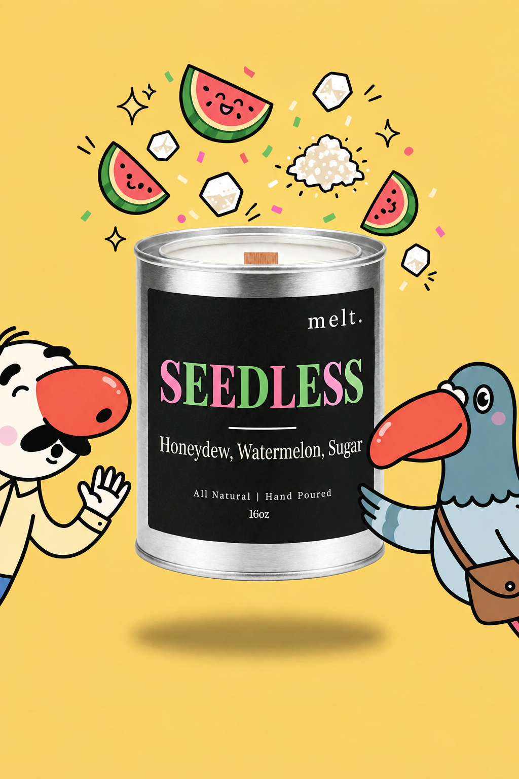 melt. seedless candle with cartoon sniffer mascots and floating scent ingredients on a bright background