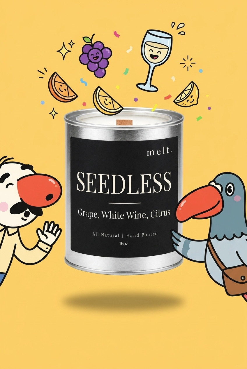 melt. seedless candle with cartoon sniffer mascots and floating scent ingredients on a bright background