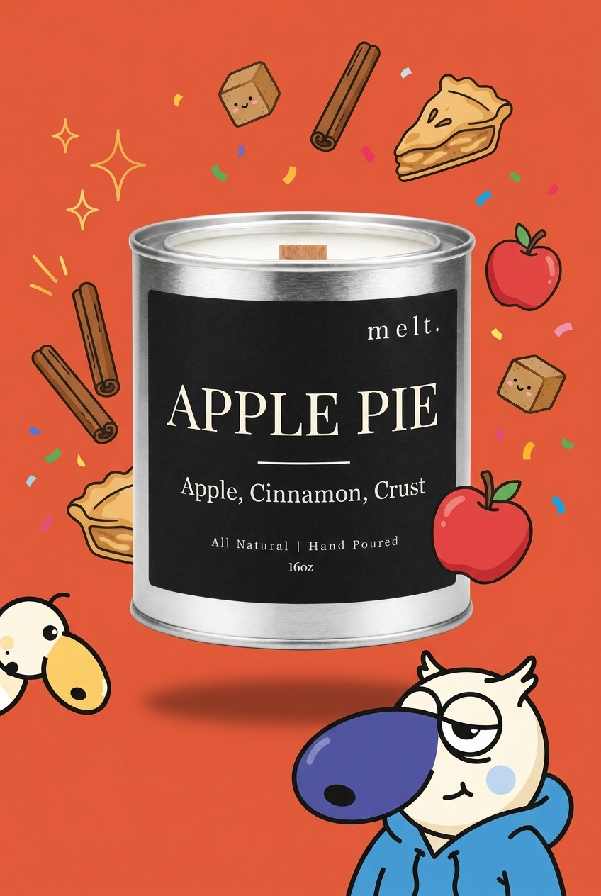 melt. apple pie candle with cartoon sniffer mascots and floating scent ingredients on a bright background